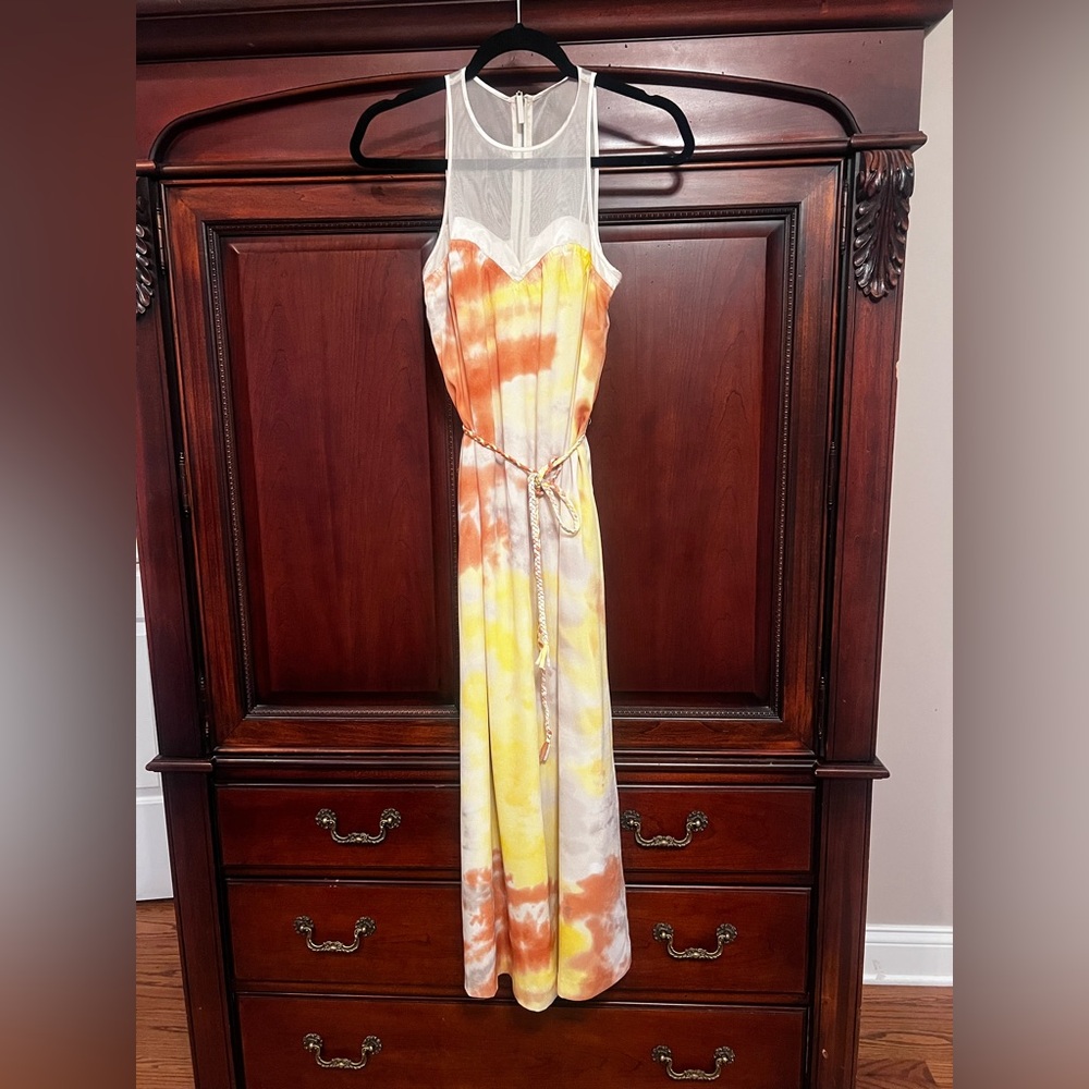Tie-Dye Maxi Dress with Sheer Neckline